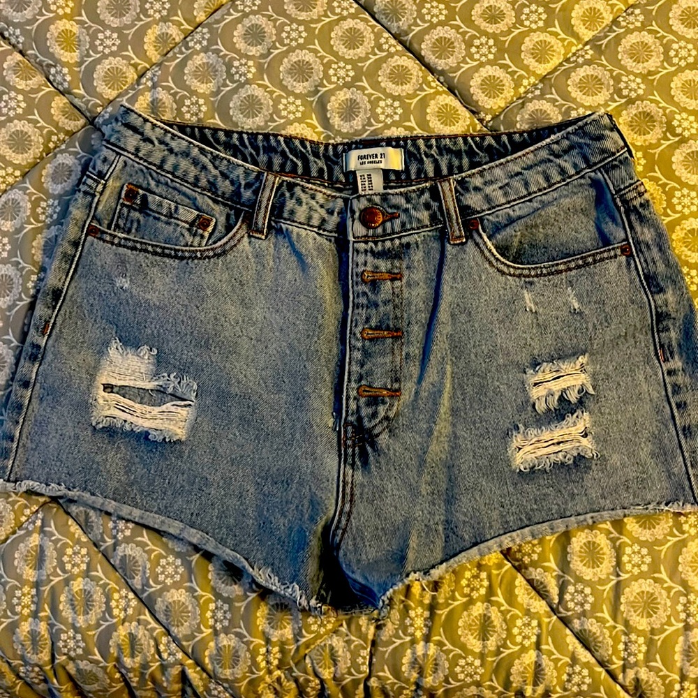 Forever 21 light wash, distressed button fly jeans shorts